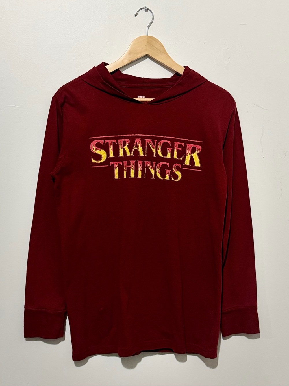Netflix Stranger Things Maroon Hoodie Tee with Yellow Logo